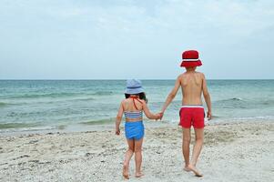 Rear view of two children, friends, walking on the beach, hand by hand. Brother and younger sister in swimwear on the blue sea background. Summer holidays concept photo