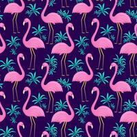 Summer seamless pattern of flamingo and tropical leaves. Vector background