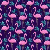 Summer seamless pattern of flamingo and tropical leaves. Vector background