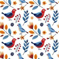 Seamless pattern birds and floral doodle. Watercolor hand drawn background birds and flowers. vector