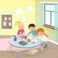 Cute children drawing together and make crafts in kindergarten vector