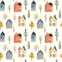 Scandinavian houses seamless pattern. Cute watercolor buildings and trees. Trendy scandi print, decorative vector background