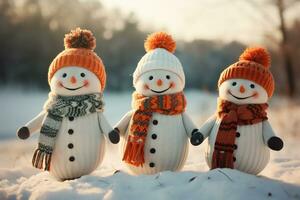 Snowman family in winter forest. Christmas and New Year concept. AI Generative photo