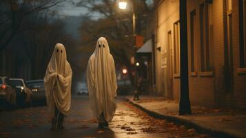 Ghosts walking on the street. Halloween concept. AI Generative photo
