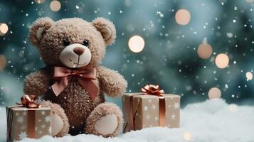 Teddy bear with gift boxes on snow and bokeh background. AI Generative photo