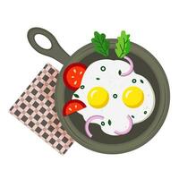 Fried eggs with tomato on frying pan. Vector illustration. Isolated on white background