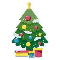 Vector christmas tree in cartoon childish style. New Years and xmas tree with garlands, light bulb, star.