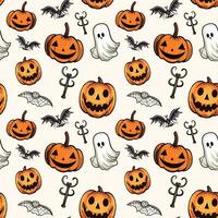 Halloween pattern with pumpkin, ghost, bat. Autumn halloween background, vector seamless pattern.