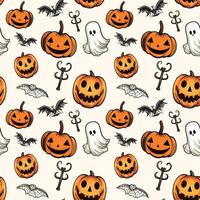 Halloween pattern with pumpkin, ghost, bat. Autumn halloween background, vector seamless pattern.