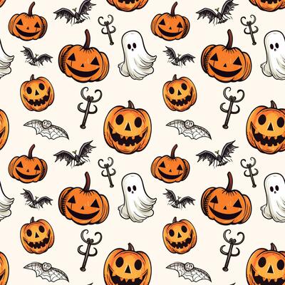 Halloween pattern with pumpkin, ghost, bat. Autumn halloween background, vector seamless pattern.