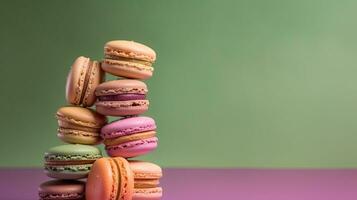 A stack of colorful macarons. Web banner with copy space. Generative AI photo