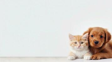 Cute dog and cat, pet faces. Web banner with copy space. Generative AI photo