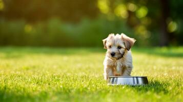 Dog and bowl with food or water, summer nature background. Generative AI photo