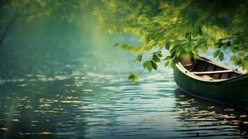 barco y hojas en el superficie de agua, lago o estanque. generativo ai foto