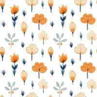 Seamless pattern with hand drawn branch, leaves, flowers. Vector pattern folklore, ethnic style.