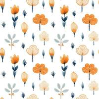 Seamless pattern with hand drawn branch, leaves, flowers. Vector pattern folklore, ethnic style.