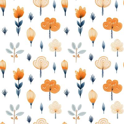 Seamless pattern with hand drawn branch, leaves, flowers. Vector pattern folklore, ethnic style.