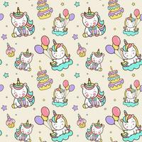Seamless pattern with unicorns, cakes, stars, confetti. Vector background in cartoon style for birthaday party.