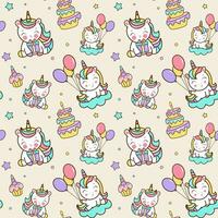 Seamless pattern with unicorns, cakes, stars, confetti. Vector background in cartoon style for birthaday party.