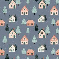 Seamless pattern with doodle girl, house and tree. Vector hand drawn christmas elements. Winter background