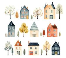 Set of watercolor scandinavian houses. Cute childish buildings and trees isolated. Trendy scandi vector background