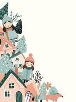 Concept Christmas and New Year. Winter ornament, poster, banner. Winter card, frame with scandi houses, trees, girls. vector
