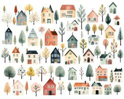 Big set of watercolor scandinavian houses. Cute childish buildings and trees isolated. Trendy scandi vector background