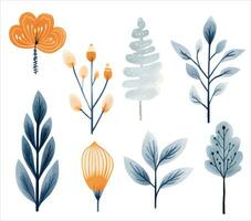 Botany scandi set. Collection of hand drawn flowers in the traditional ethnic folklore style. vector