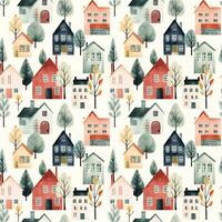 Scandinavian houses seamless pattern. Cute watercolor buildings and trees. Trendy scandi print, decorative vector background