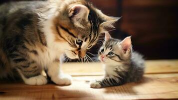 Mother cat grooming her playful kitten, both sitting on a rustic wooden floor. Generative AI photo