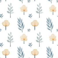Seamless pattern with hand drawn branch, leaves, flowers. Vector pattern folklore, ethnic style. Pastel colors
