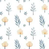 Seamless pattern with hand drawn branch, leaves, flowers. Vector pattern folklore, ethnic style. Pastel colors