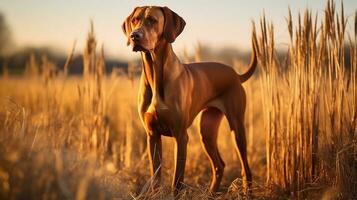 Vizsla, hunter dog in autumn field. Generative AI photo