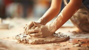 niño esculpir con arcilla, dedos moldura el suave material, creatividad tomando forma. generativo ai foto