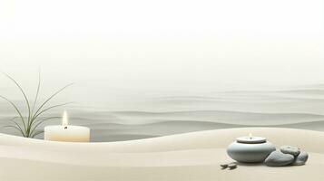 Banner displays a zen garden scene, sand, stones in harmonious patterns, a rake, and candles on the side. Generative AI photo