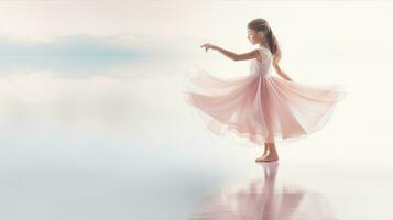 Child in a ballet pose, the delicate grace of her movements mirrored by her flowing dress. Generative AI photo