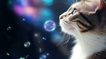 Cat entranced by a floating soap bubble, its iridescent colors reflecting in its eyes. Generative AI photo