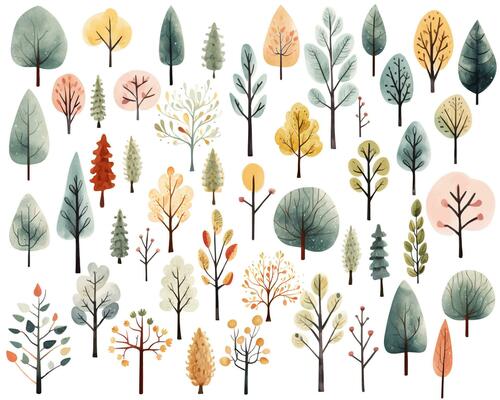 Collection of watercolor scandinavian trees. Cute abstract colored trees. Trendy scandi vector plants.
