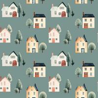 Cute watercolor buildings and trees pattern. Scandinavian houses seamless vector background