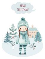 Hand drawn winter poster with cute girl, trees, house. Winter christmas illustration. Wintry scenes. vector