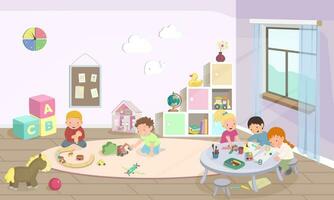 Kindergarten or preschool activities. Children playing with cars, drawing and make crafts. Cartoon bundle, vector illustration. Modern room with furniture, sunlight from window