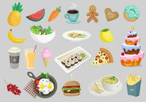 Set of yummy food. Collection of food and drinks. Vector illustration fast food, cake, fruits.