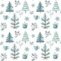Seamless pattern with doodle snowy trees and cups. Vector christmas elements. Winter background