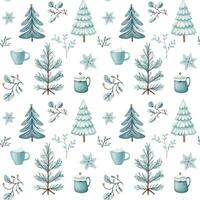 Seamless pattern with doodle snowy trees and cups. Vector christmas elements. Winter background