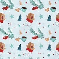 Seamless winter pattern with knitted mittens, coffee cups berries and snowflakes. Christmas pattern. Design for textile, prints, wrapping paper, scrapbook, greeting card. vector