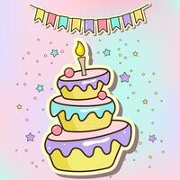 Cartoon cake illustration with candle, colorfull flags. Vector doodle happy birhday party.