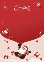 Santa Claus with a huge bag on the run to delivery christmas gifts at snow fall. Merry Christmas text Calligraphic Lettering Vector illustration.