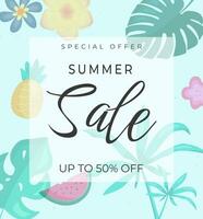 Summer sale banner in bright colors with tropical leaves and discount text. Template for design poster, banner, invitation, voucher. Promo discount season offer. vector