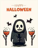 Happy Halloween poster with pumpkin, ghost, scull, spiderweb. Vector illustration. Place for text. Brochure frame