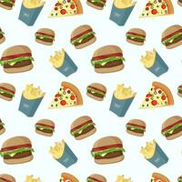 Vector seamless pattern wih fast food. Food background. Seamless pattern with burger, french fries, pizza.